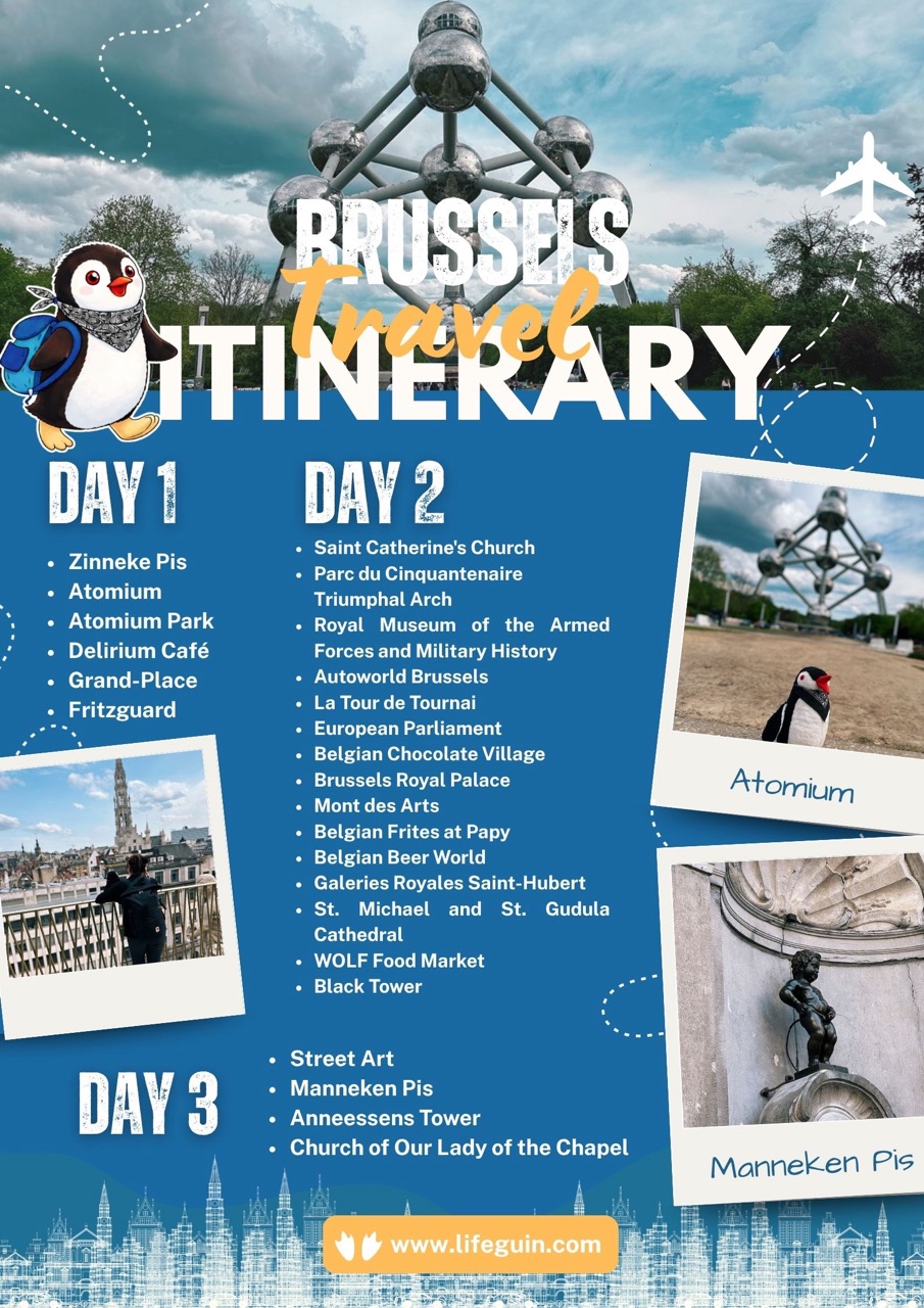 Illustrated itinerary list for a trip to Brussels featuring the cartoon penguin mascot Miško