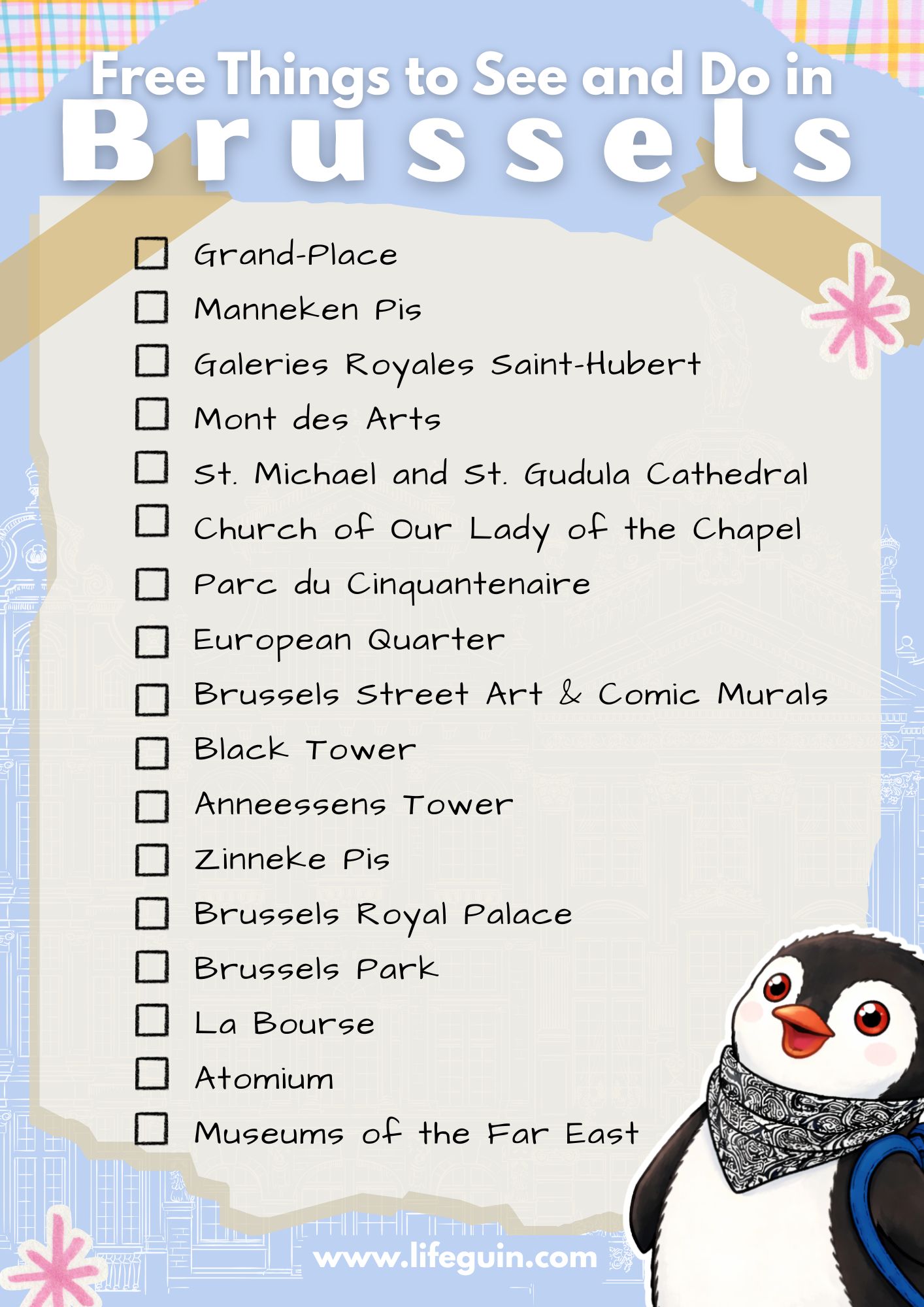 Illustrated checklist of free things to see and do in Brussels featuring Miško the penguin