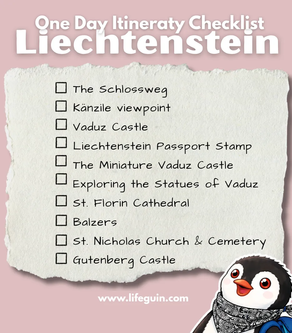 Illustrated checklist of a one day itinerary in Liechtenstein featuring the cartoon penguin Miško