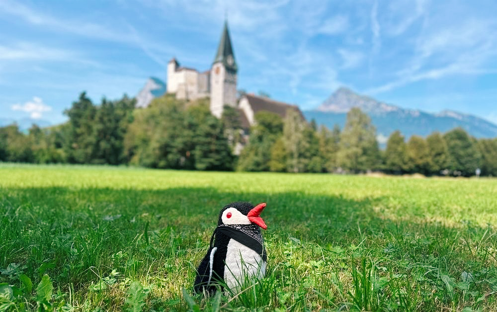 Miško the penguin sits in a grassy field with a castle and mountains in the background in Liechtenstein