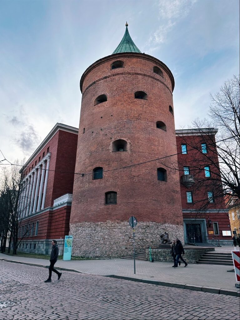 Brick building with a turret in Riga's historic centre