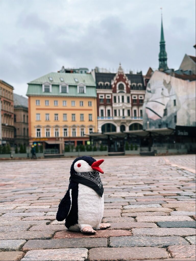 Knitted penguin toy with a knit cap standing beside a sign