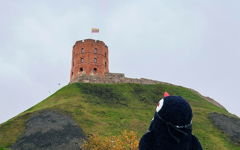 Gediminas’ Tower stands atop a grassy hill while Miško the knitted penguin looks up from below