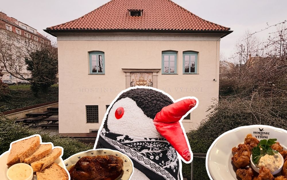 Miško the penguin wearing a scarf with plates of food in front of the Hostinec na Výtoni building