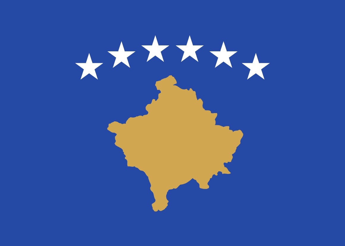The national flag of Kosovo featuring a golden map and six white stars on blue