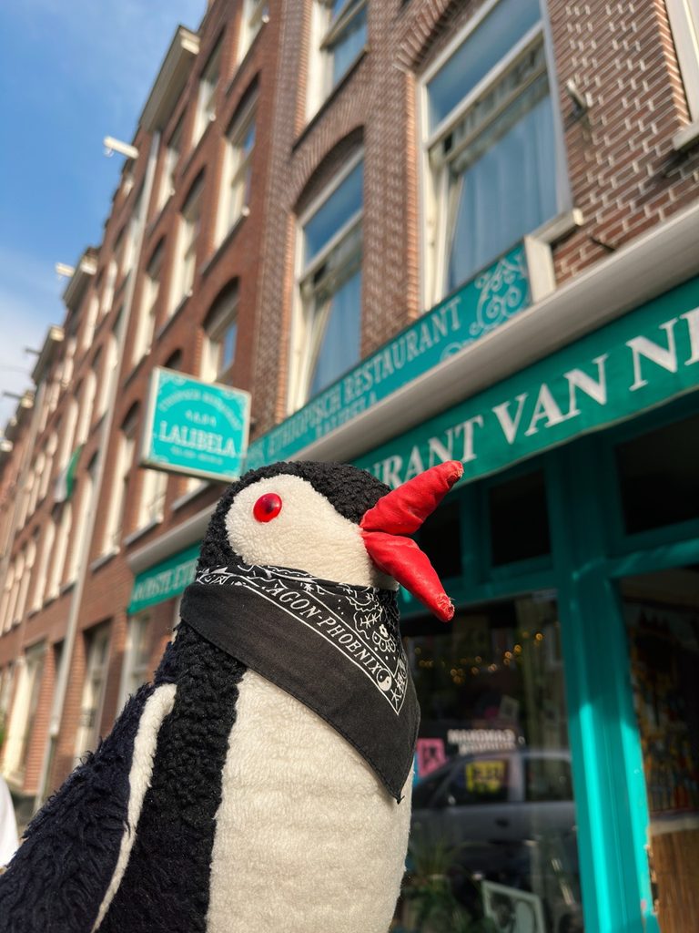 Miško the penguin wearing a black bandana stands in front of the teal facade and hanging sign of Lalibela Amsterdam