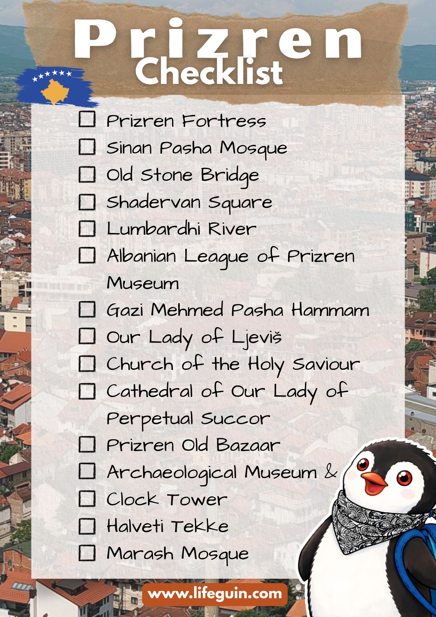 Illustrated checklist of top things to see in Prizren featuring the cartoon penguin Miško