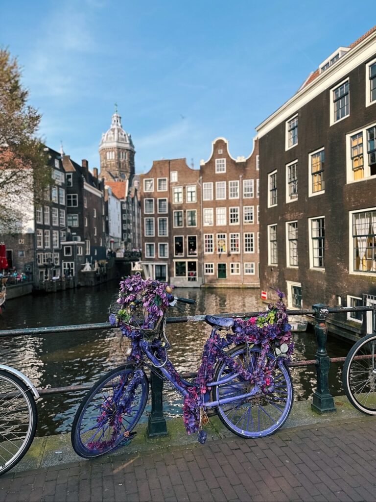 A bicycle decorated with purple flowers stands by a canal in the Netherlands