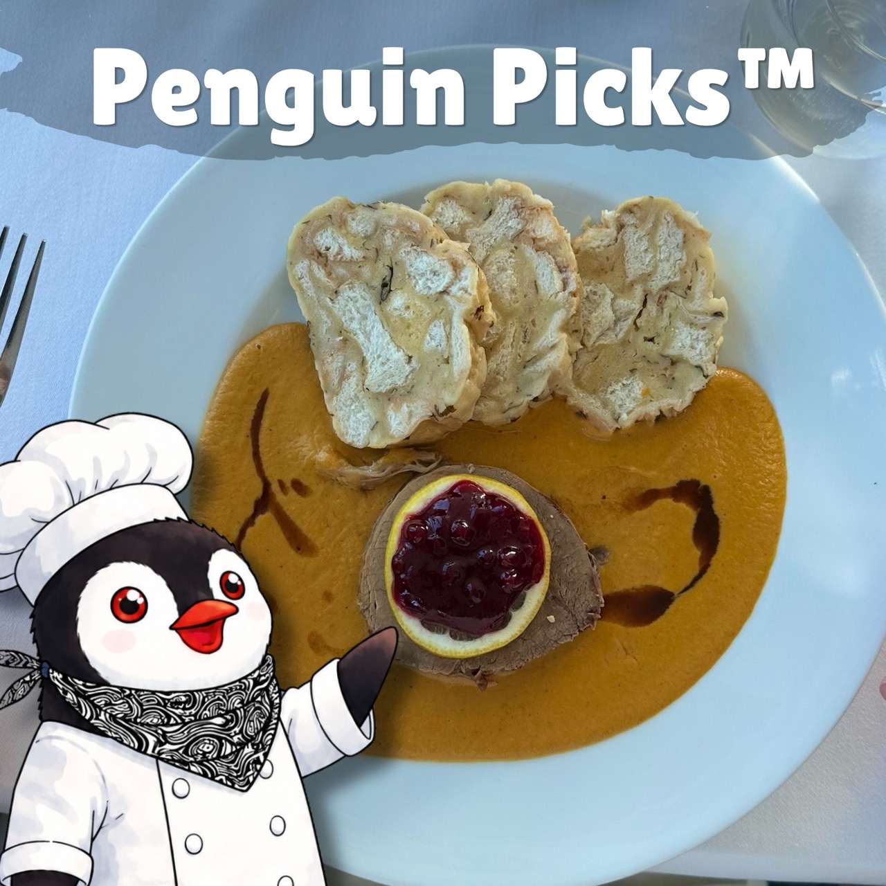 Orange soup with terrine slices and a cracker with pate and jam, featuring a cartoon penguin chef and text Penguin Picks