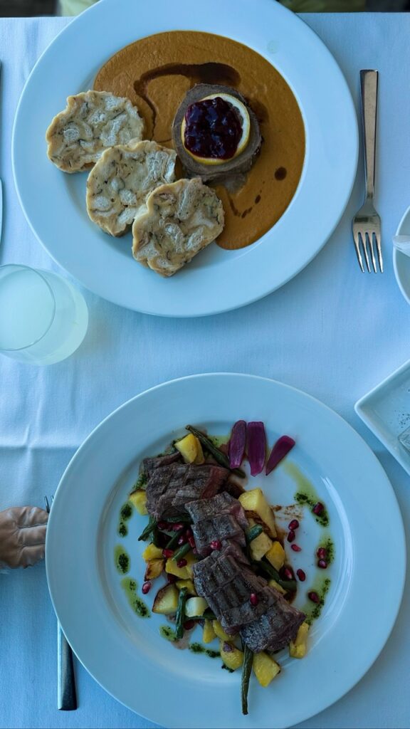 Two plates of food showing steak with pomegranate below and a meat roll with puree above, with Miško's hand at the bottom left