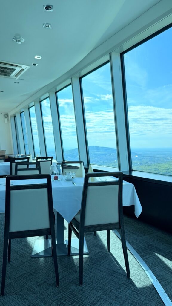 Dining tables with white tablecloths and dark chairs line the windows at VEŽA Bratislava overlooking a sunny landscape