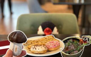 Collage of Latvian food including a chocolate mushroom, donuts, and soup with the knitted penguin Miško in the background