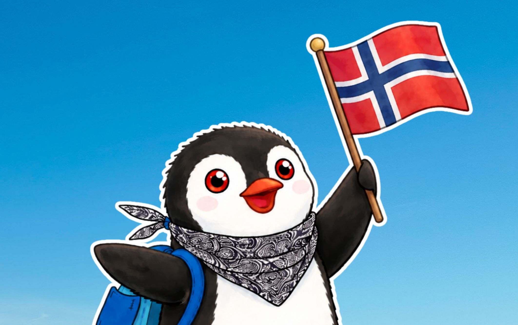 Miško the knitted penguin wearing a bandana and backpack holding a Norwegian flag against a blue sky