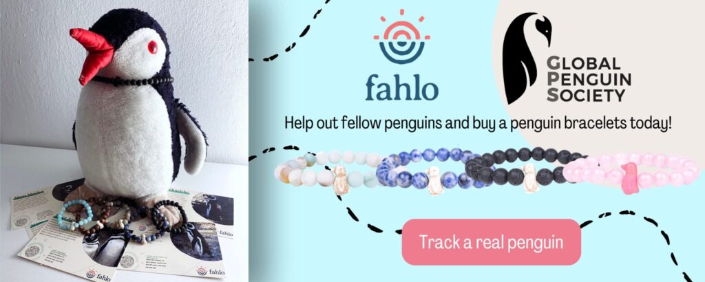 Advert for Fahlo penguin tracking bracelets with a plush penguin