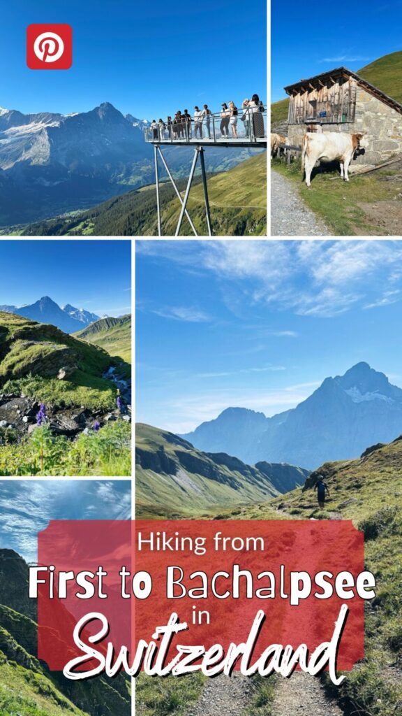 Collage of hikers and mountain scenery on the trail from First to Bachalpsee