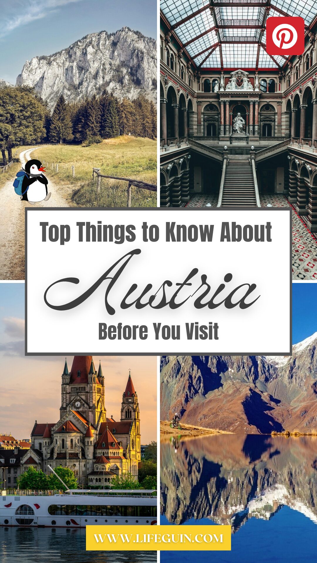 Collage of scenic landscapes and architecture in Austria with a cartoon penguin
