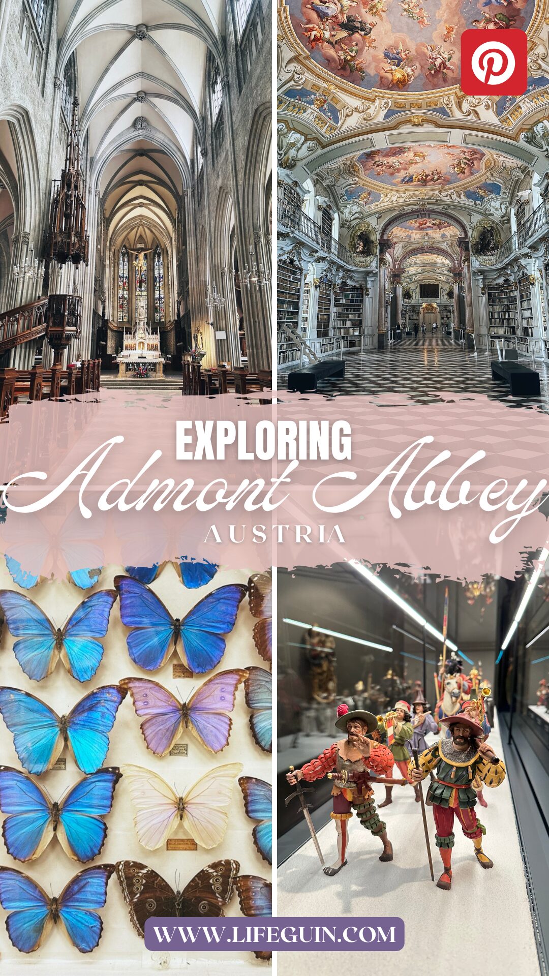 Collage showing the interior of Admont Abbey, butterfly specimens, and historical figurines