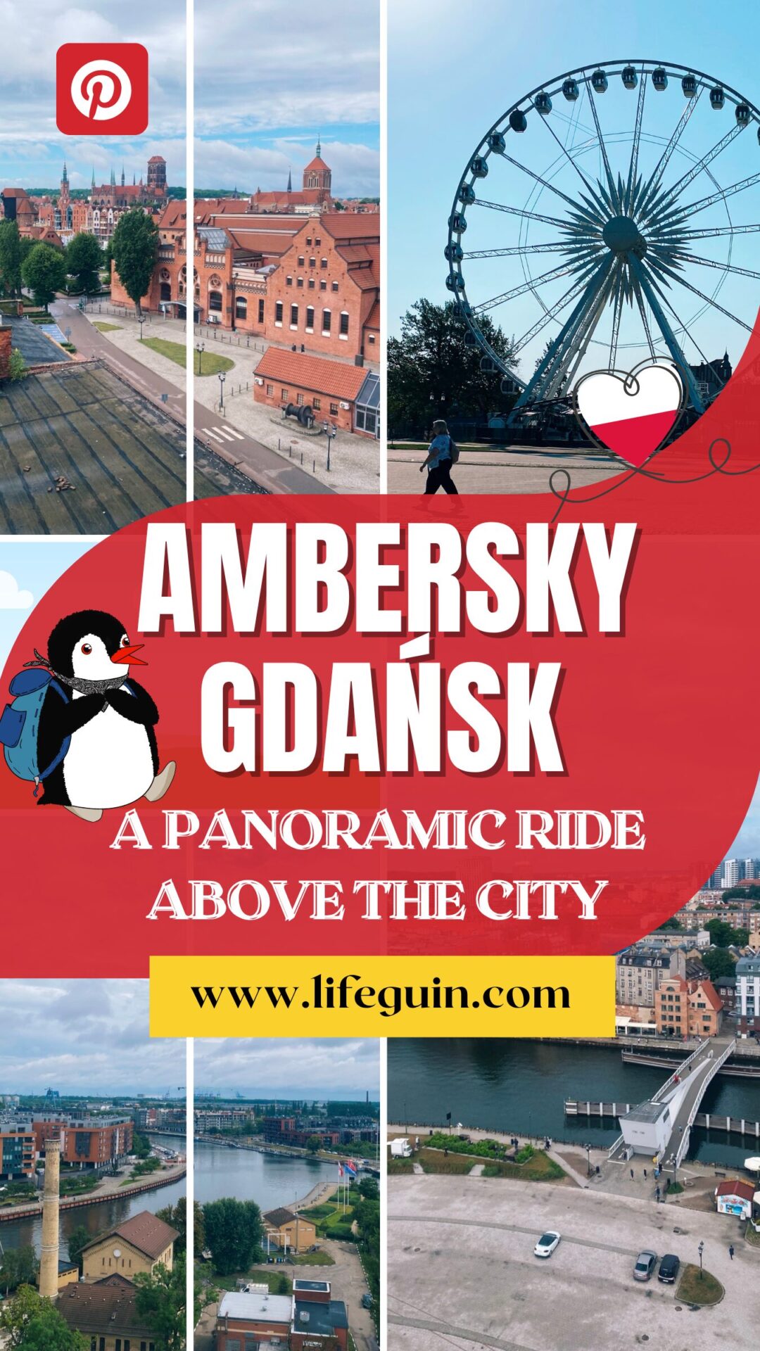 Collage showing the AmberSky Gdańsk ferris wheel and scenic views of the city skyline