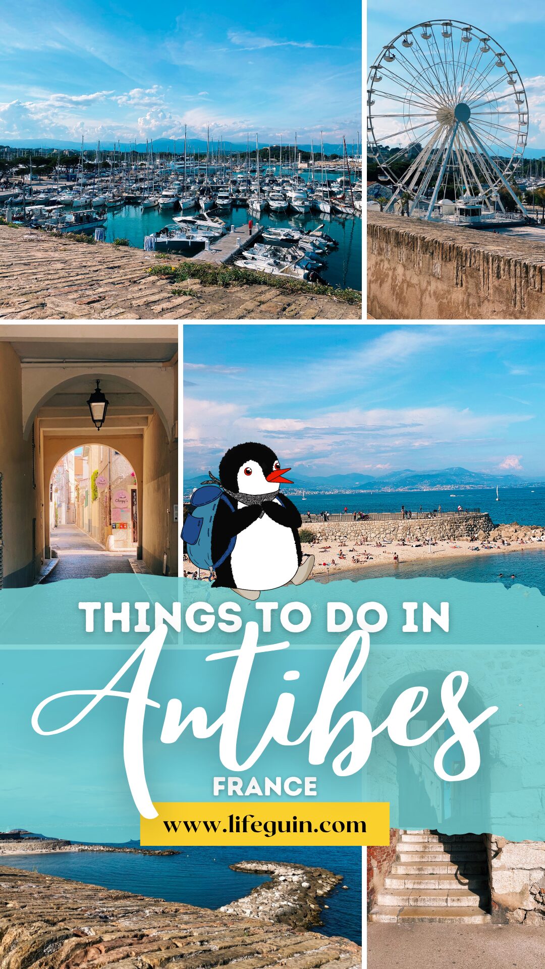 Travel graphic for Antibes, France featuring a collage of scenes and cartoon penguin Miško