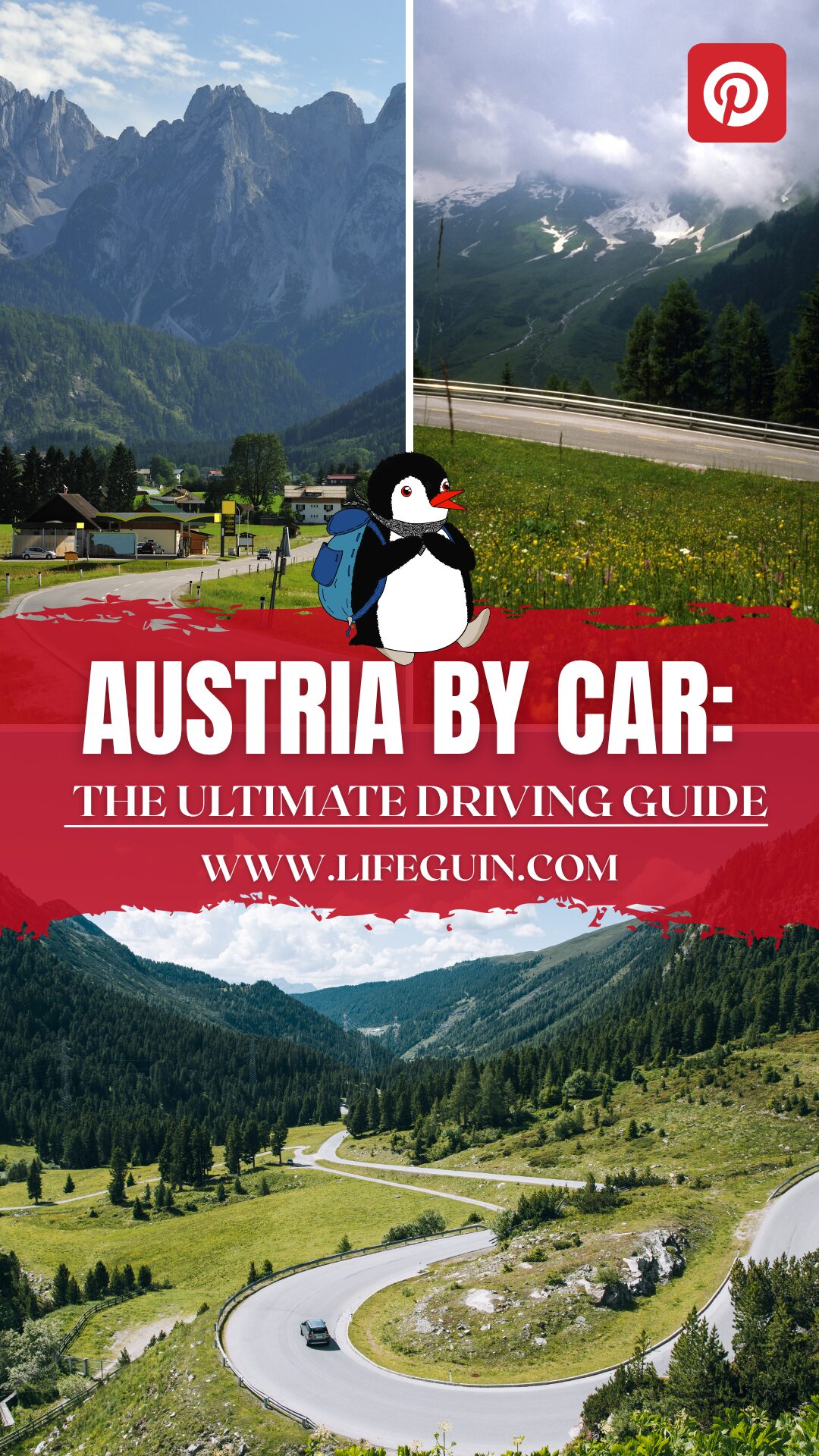 Pinterest graphic for Austria driving guide featuring mountain roads and Miško the penguin
