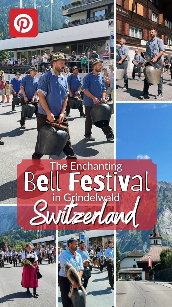Men in traditional clothing carry large cowbells during the Grindelwald Bell Festival
