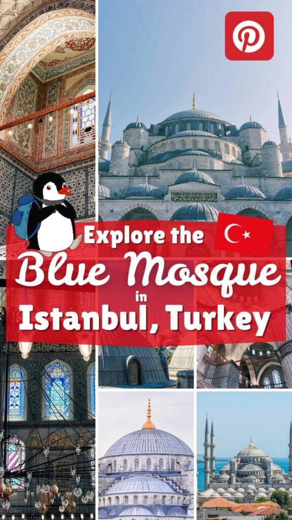 Blue Mosque collage featuring mascot Miško and text promoting travel to Istanbul, Turkey