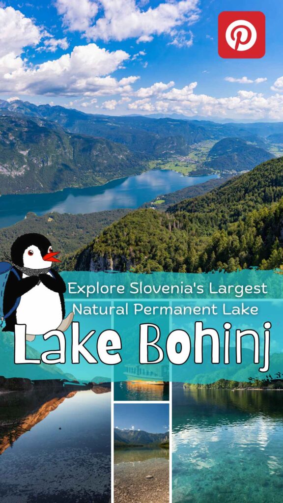 Scenic views of Lake Bohinj surrounded by mountains with a cartoon penguin illustration