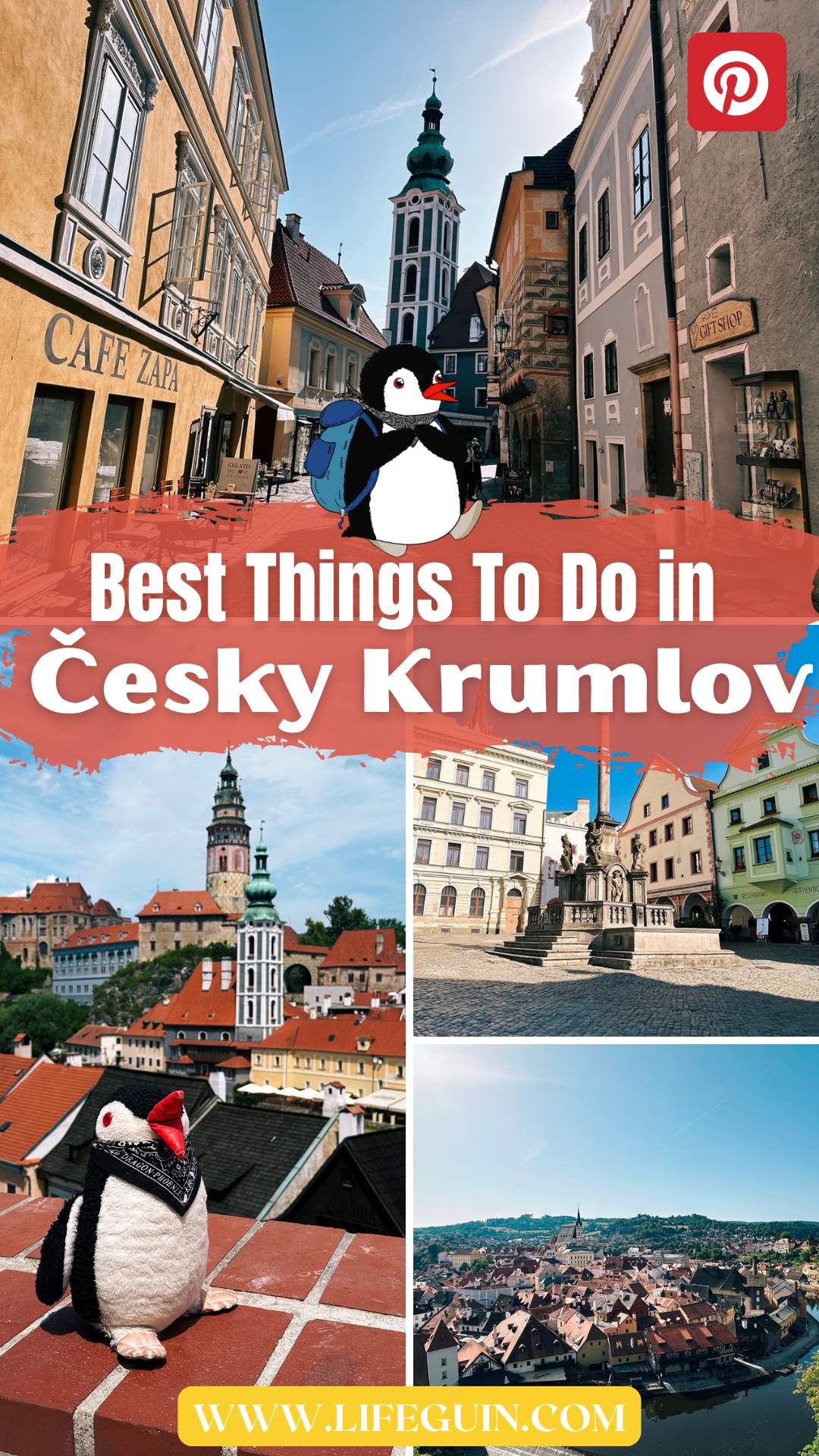 Pinterest graphic promoting Česky Krumlov travel featuring Miško the penguin mascot