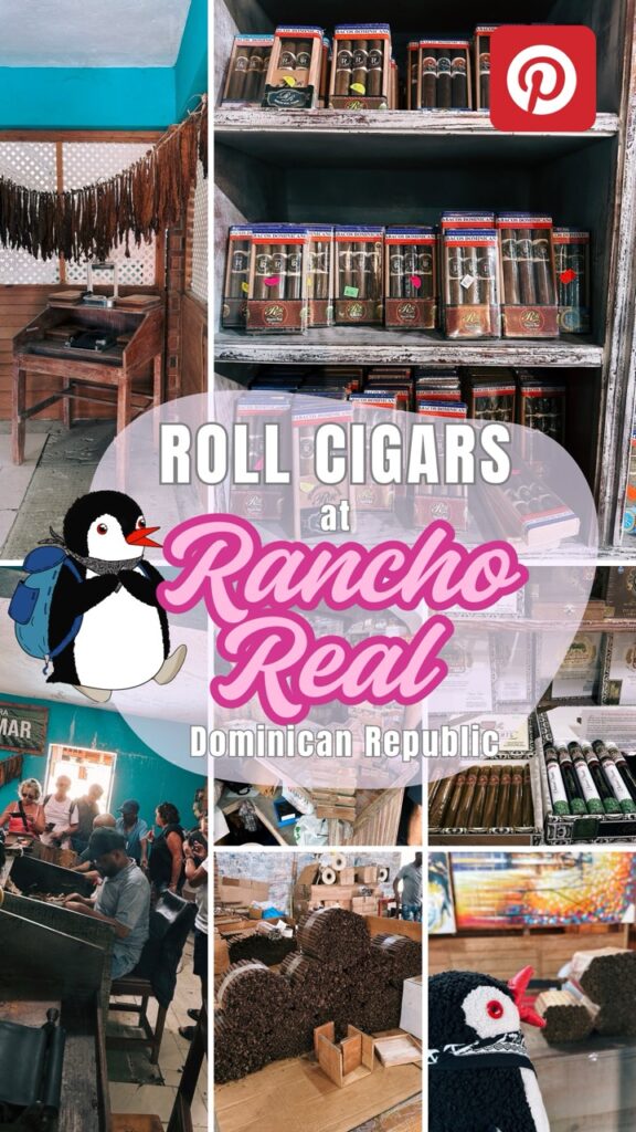 Pinterest graphic collage of Rancho Real Cigars with mascot Miško and text overlay