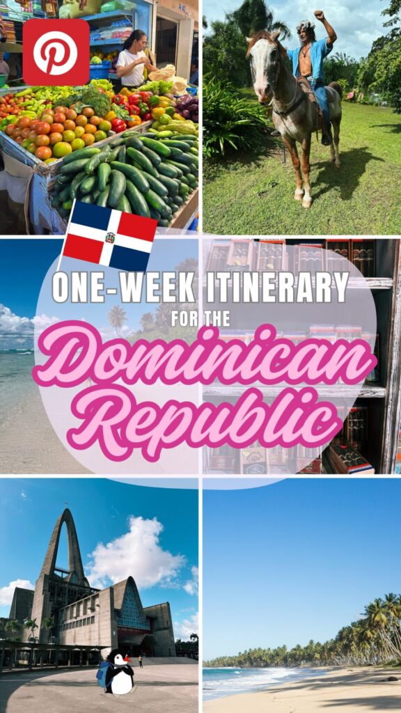 Collage showing Dominican Republic produce, a horseback rider, cigars, a cathedral, and tropical beaches