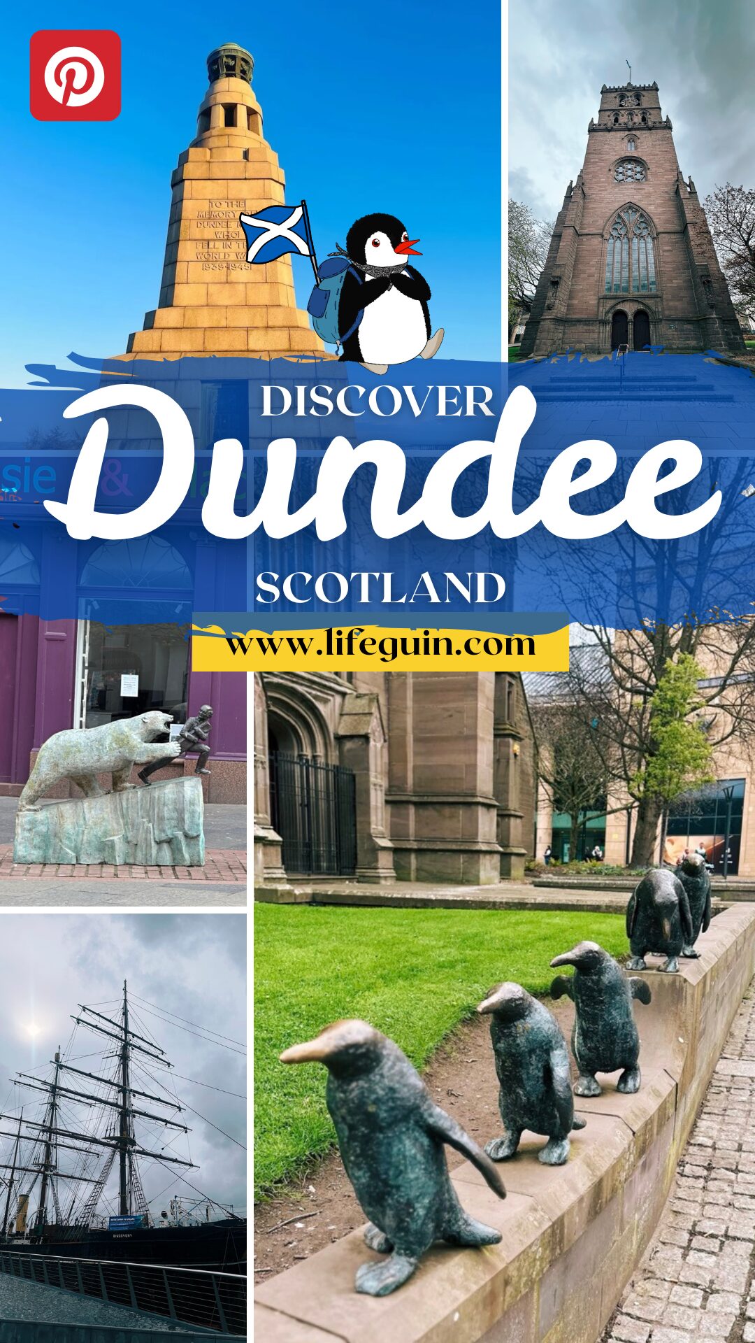 Pinterest graphic promoting Dundee travel with a collage of landmarks, statues, and mascot Miško