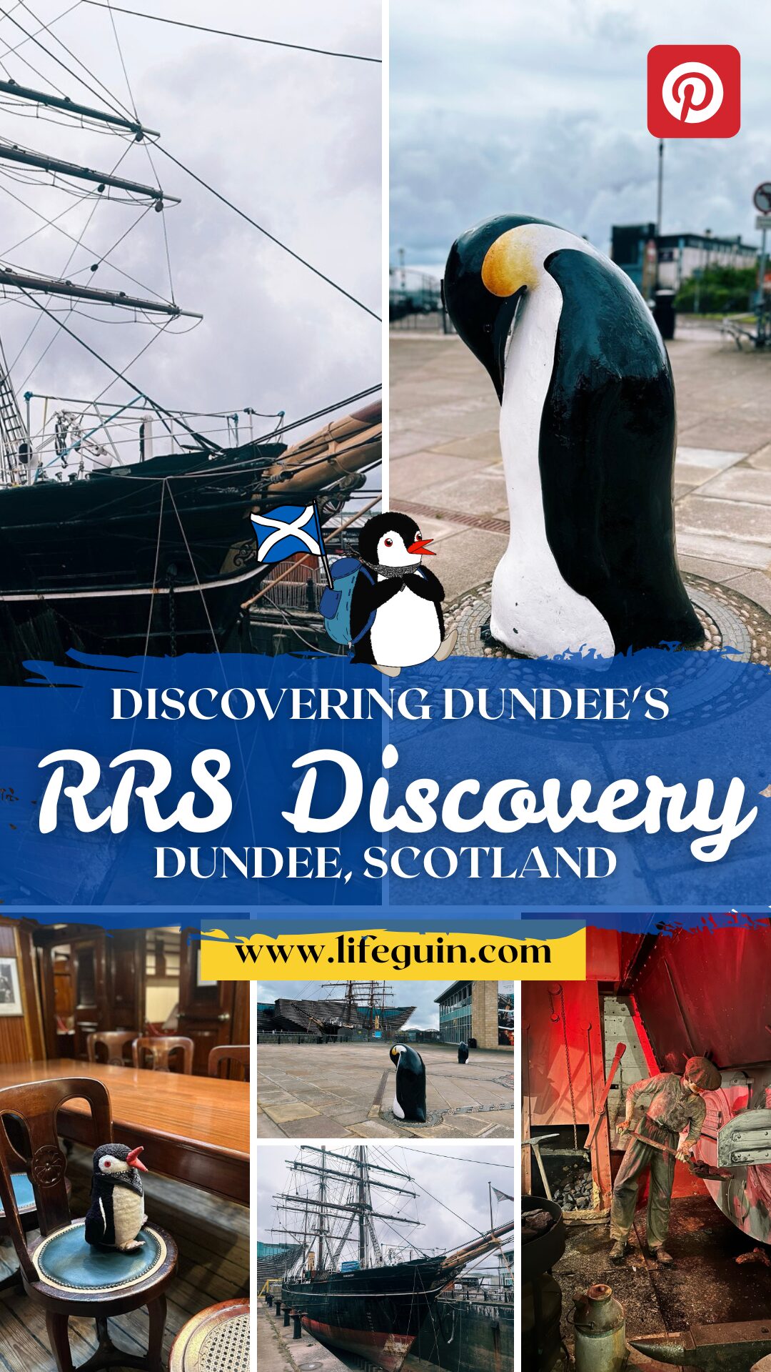 Pinterest graphic featuring the RRS Discovery, penguin statues, and the blog mascot Miško in Dundee