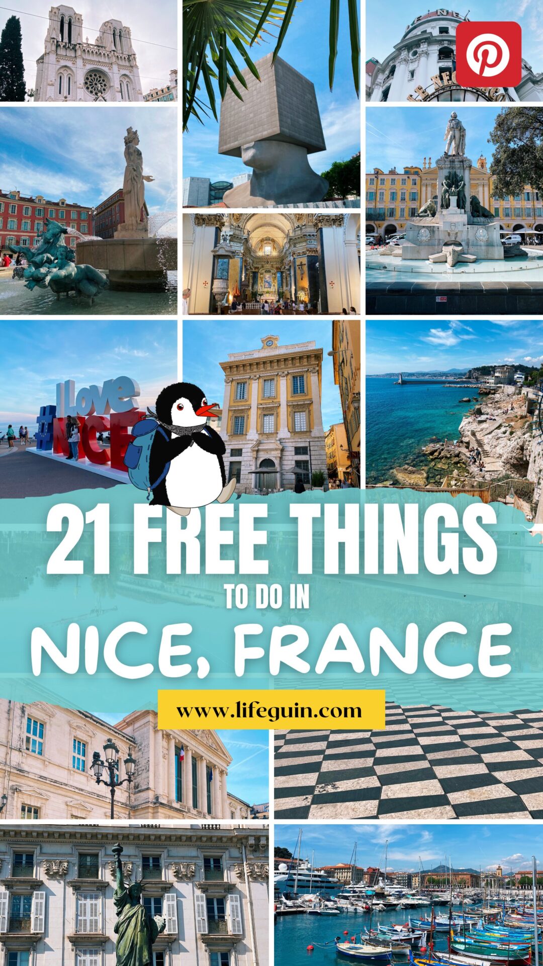 Collage of landmarks, fountains, and coastal views in Nice, France