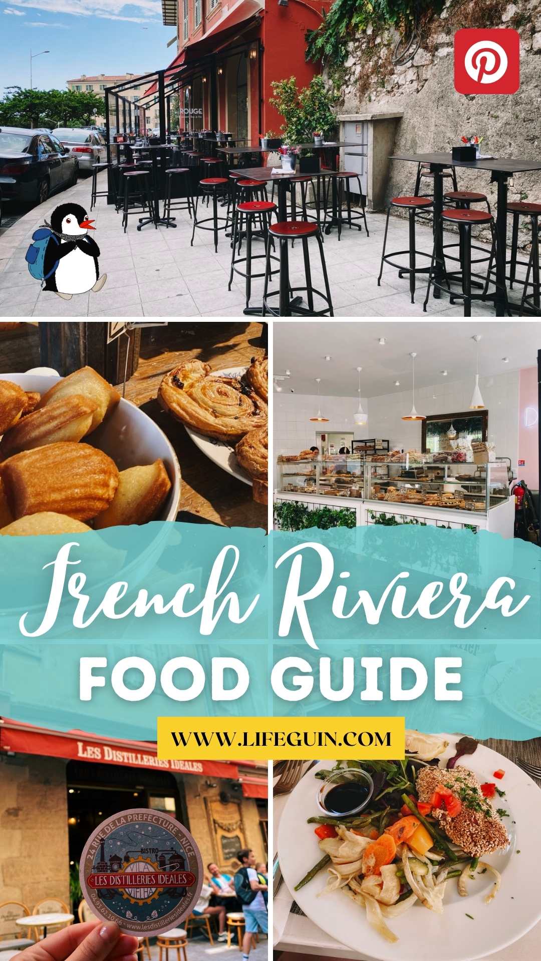 Outdoor cafe seating, fresh pastries, and gourmet dishes in the French Riviera