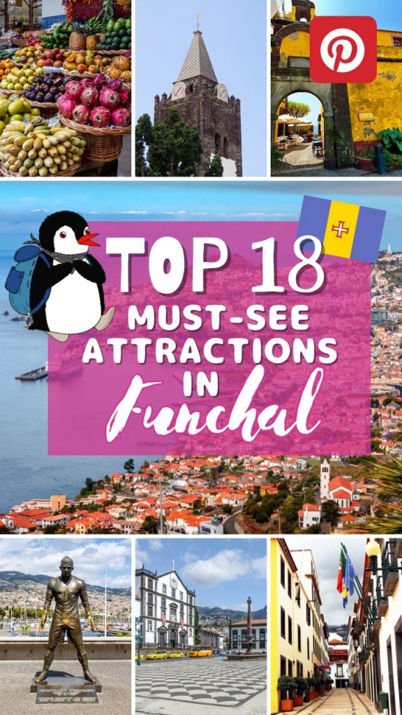 Collage of Funchal landmarks including a market, historic buildings, and a Cristiano Ronaldo statue