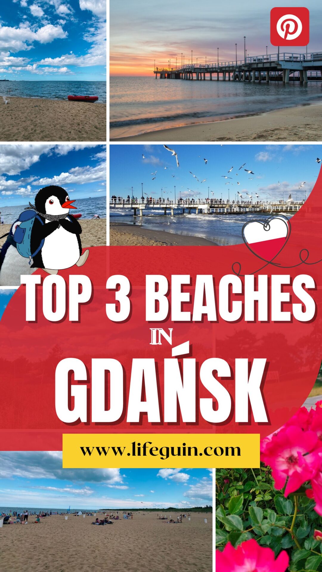 Collage of Gdańsk beaches featuring a cartoon penguin and a wooden pier
