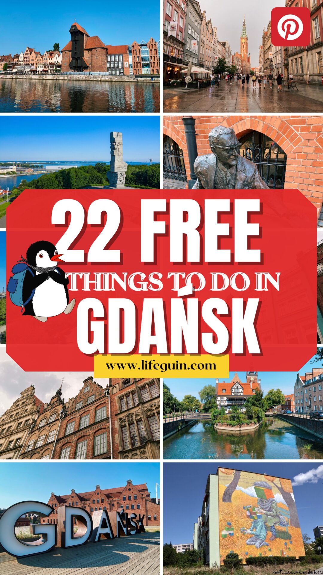 Collage of historic buildings, monuments, and scenic waterfront views in Gdańsk