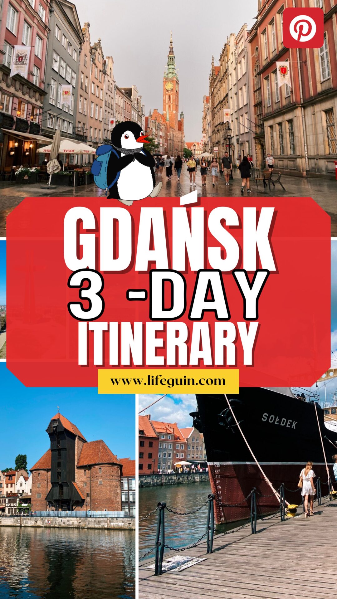 A cartoon penguin explores the historic streets, harbor, and ships of Gdańsk