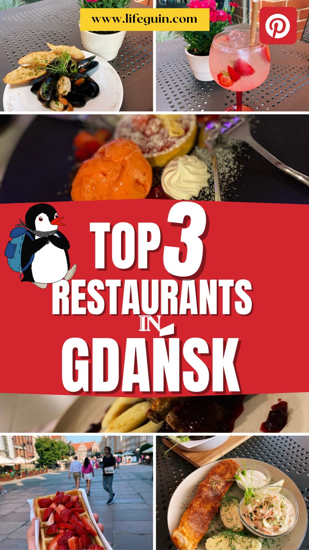 Collage of various meals and a street scene featuring restaurants in Gdańsk