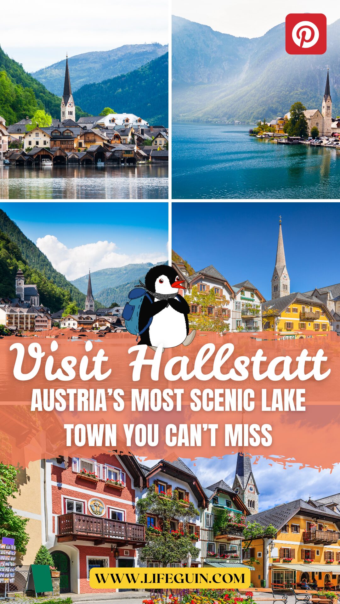 Collage of Hallstatt town scenes with a cartoon penguin and travel text