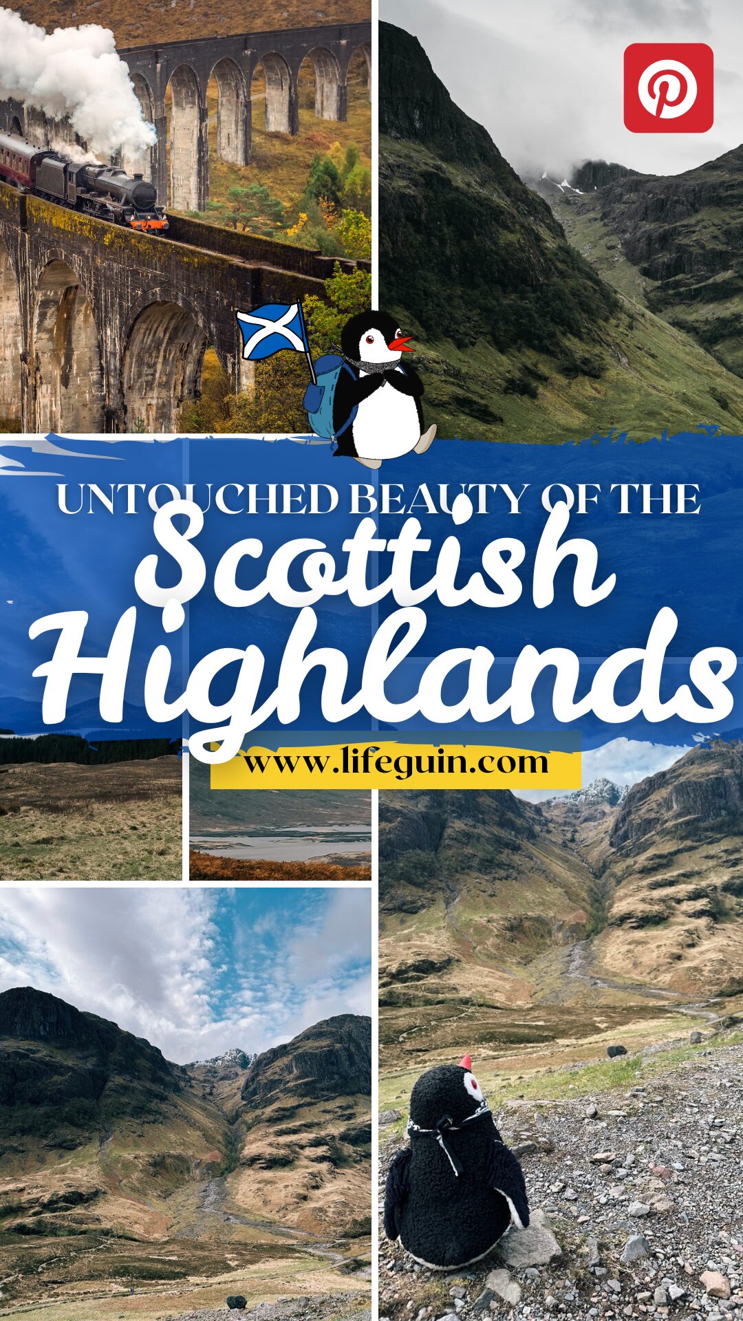 Pinterest pin promoting Scottish Highlands travel featuring the penguin mascot Miško and scenic landscapes