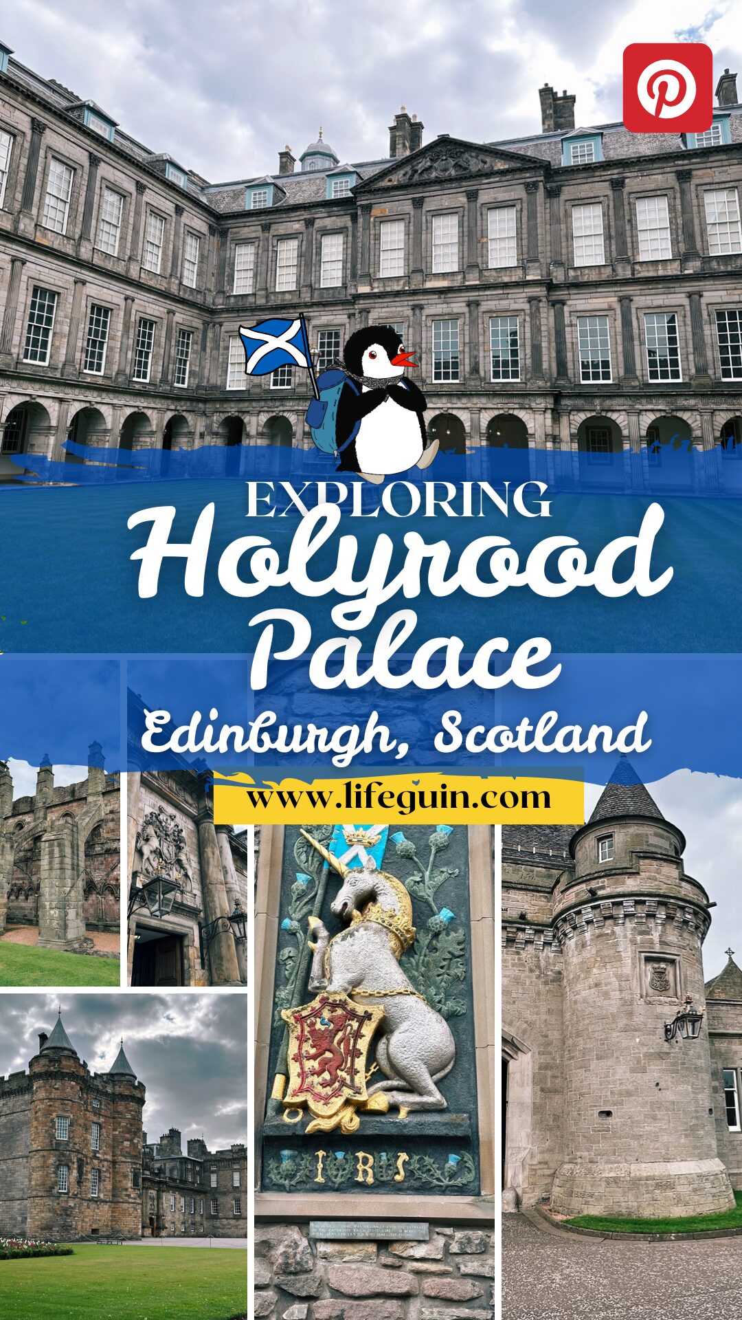 Collage of Holyrood Palace featuring a cartoon penguin and stone architectural details