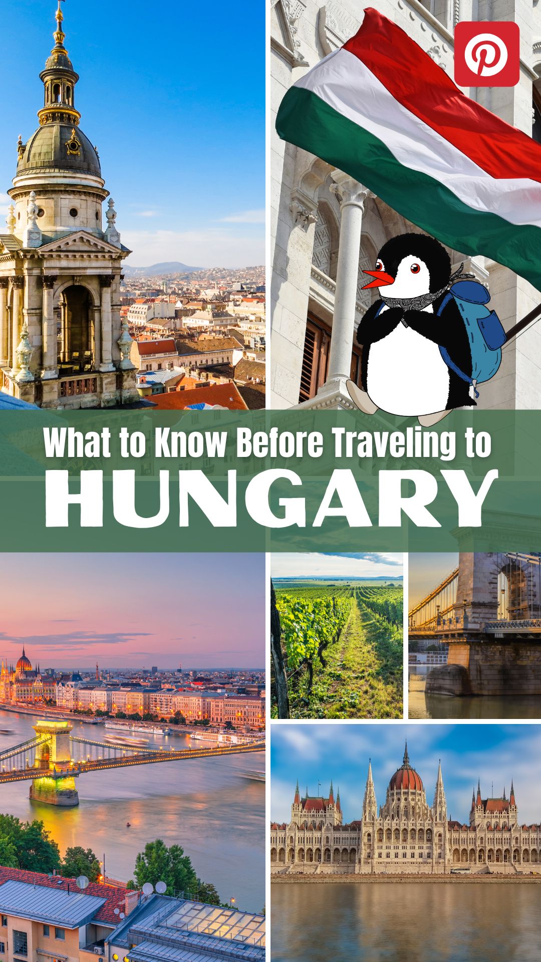 Pinterest graphic for Hungary travel featuring landmarks, mascot Miško the penguin, and text overlay