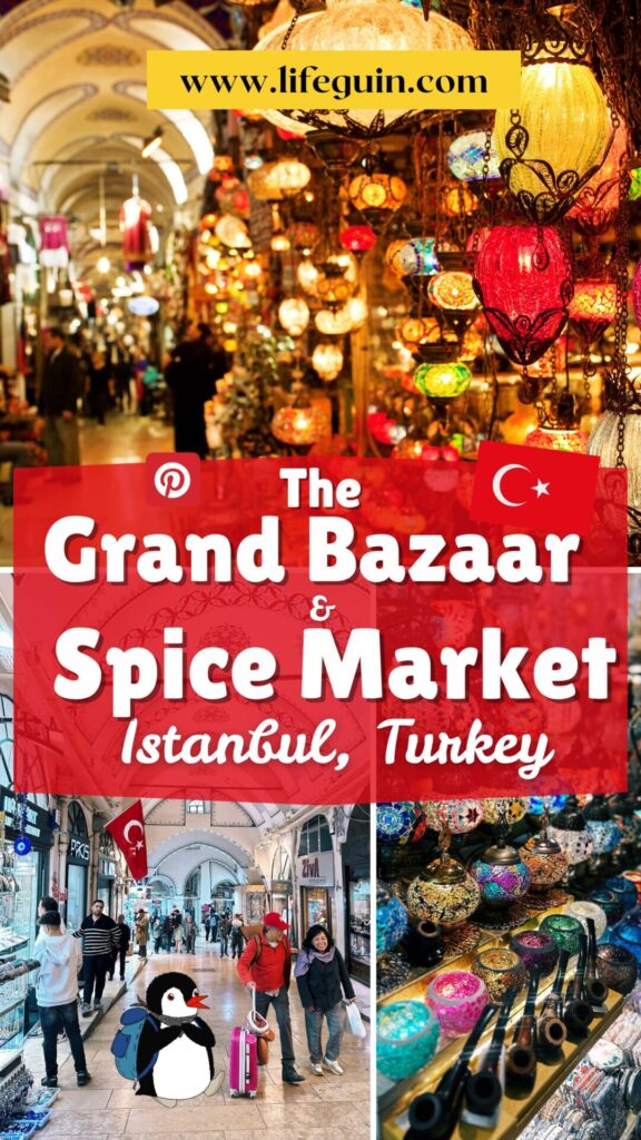 Colorful mosaic lamps hang in a bustling Istanbul market corridor