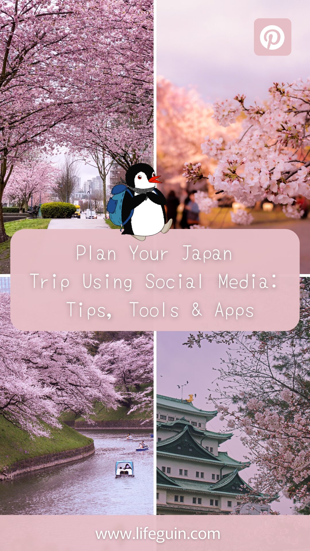 Collage of Japanese cherry blossoms, a castle, and a canal with a cartoon penguin