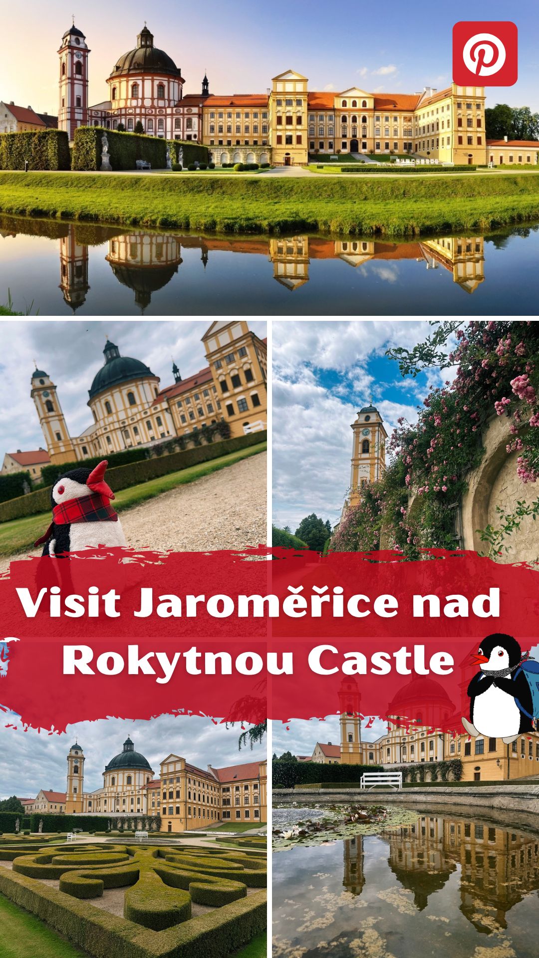 Collage of Jaroměřice nad Rokytnou Castle with gardens and a penguin mascot