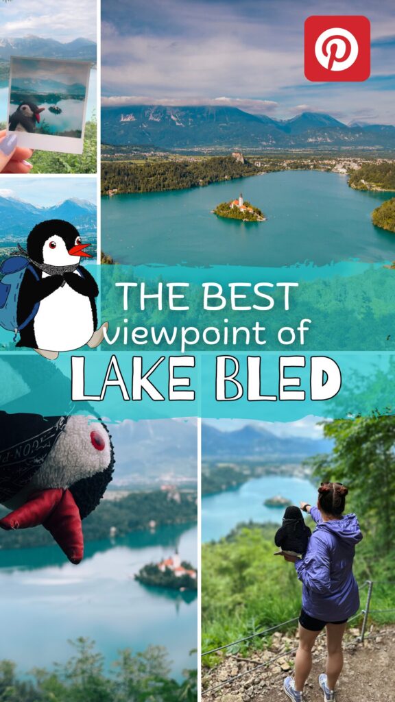A person with a penguin plushie overlooks the scenic Lake Bled from Mala Osojnica
