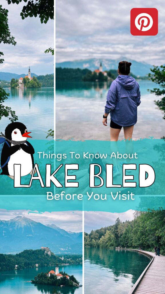 A Lake Bled travel graphic featuring a woman, Miško the penguin, and promotional text