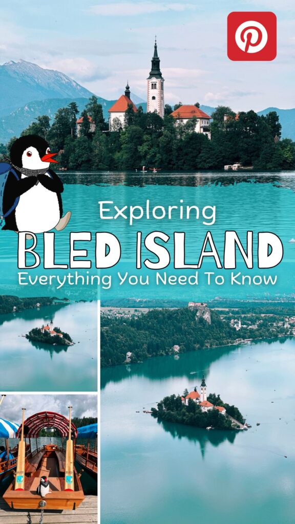Collage of Bled Island with text overlay and cartoon penguin mascot Miško