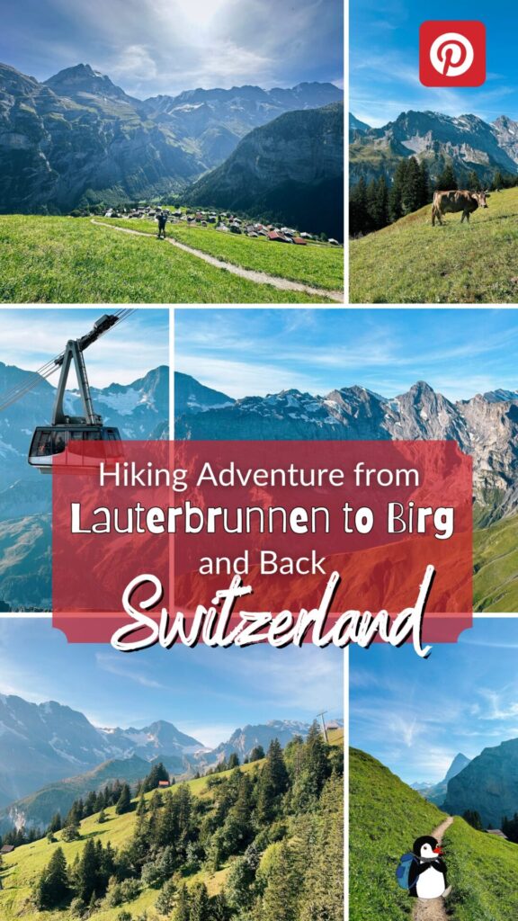 Collage of scenic mountain hiking trails and a cable car near Lauterbrunnen in Switzerland